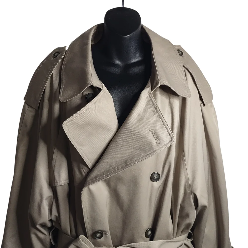 London Fog Men's Beige Double Breasted Belt Removable Liner Trench Coat Size 44
